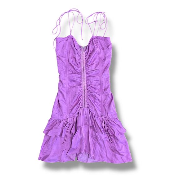 Olivaceous Women’s Small Pink Ruched Ruffle Mini Dress Strappy Corset Club Party - Picture 1 of 8